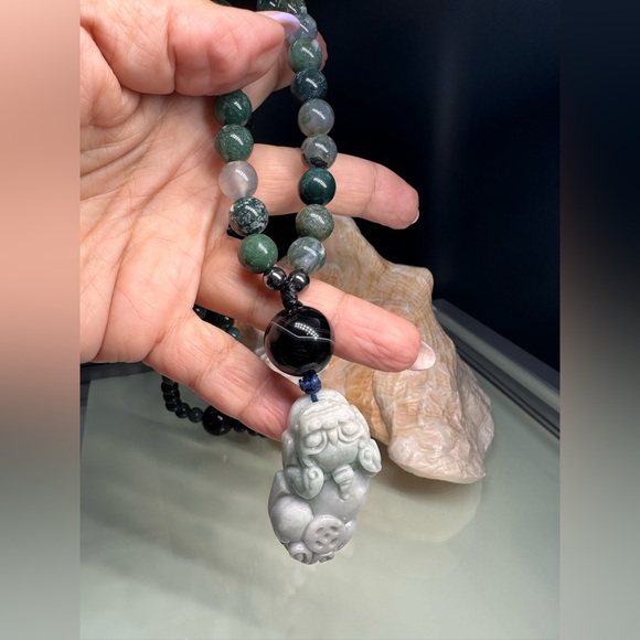 MOSS AGATE + ONYX + PIXIU JADE STONES NATURAL NECKLACE - Picture 5 of 14